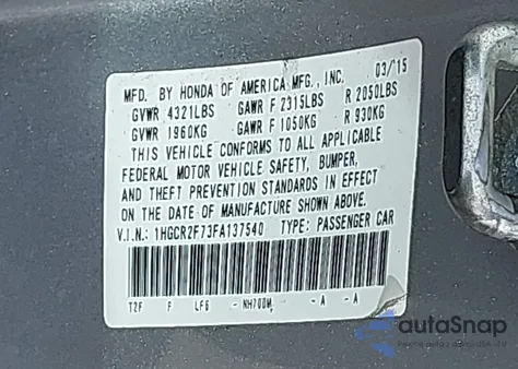 2015 Honda Accord Ex z USA, uszkodzony, nr VIN 1HGCR2F73FA137540